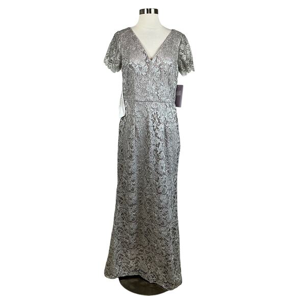 JS Collection Women's Formal Dress Size 6 Silver Metallic Lace Short Sleeve Gown - Picture 1 of 13